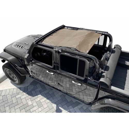 Fits Jeep Gladiator JT, 4 Door, TeddyÂ® Top, Solar Screen, 2019-Present.  Tan. Made in the USA.