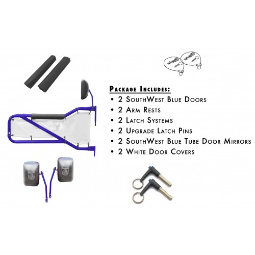 JK Front Door Kit - Southwest Blue Doors White Mesh. Made in the USA.