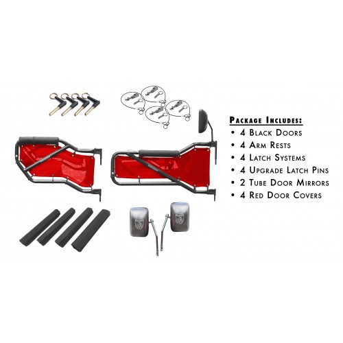 JK Front & Rear Door Kit - Black Doors Red Mesh. Made in the USA.