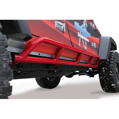 JKU 4 door Rock Slider Kit (Bare Knuckles). Powder Coated  Red Baron, Made in the USA