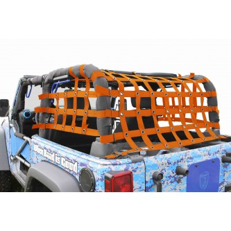 SteinjÃ¤ger Rear TeddyÂ® Top Premium Cargo Net, Jeep JK, 2 Door Kit, 2 inch webbing, Orange. Made in the USA.