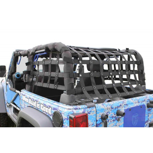 SteinjÃ¤ger Rear TeddyÂ® Top Premium Cargo Net t fit Jeep Wrangler 2 Door JK, 2 inch Black Webbing, Black Grommets. Made in the USA.
