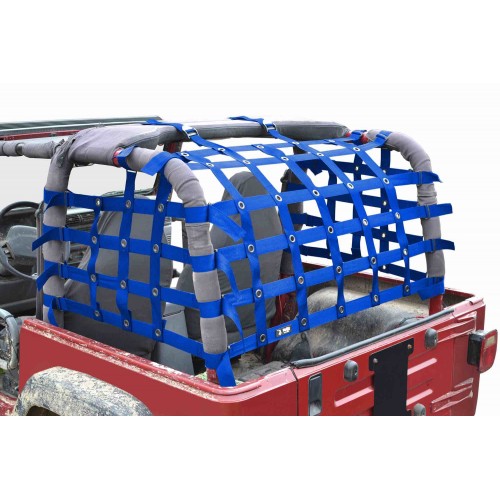 SteinjÃ¤ger Rear TeddyÂ® Top Premium Cargo Net fits Jeep Wrangler TJ, 2 inch Blue Webbing, Black Grommets. Made in the USA.