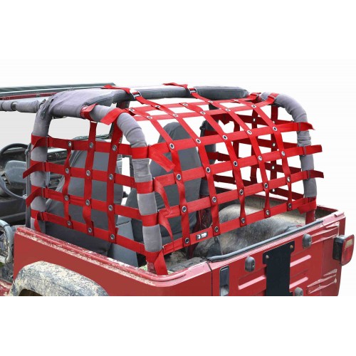 SteinjÃ¤ger Rear TeddyÂ® Top Premium Cargo Net fits Jeep Wrangler TJ, 2 inch Red Webbing, Black Grommets. Made in the USA.