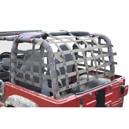 SteinjÃ¤ger Rear TeddyÂ® Top Premium Cargo Net fits Jeep Wrangler TJ, 2 inch Gray Webbing, Black Grommets. Made in the USA.