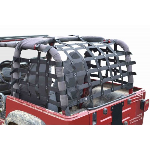 SteinjÃ¤ger Rear TeddyÂ® Top Premium Cargo Net fits Jeep Wrangler TJ, 2 inch Black Webbing, Black Grommets. Made in the USA.