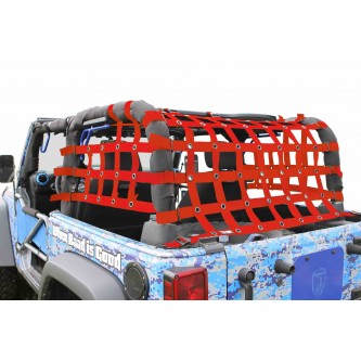 SteinjÃ¤ger Rear TeddyÂ® Top Premium Cargo Net, Jeep JK, 2 Door Kit, 2 inch webbing, Red. Made in the USA.