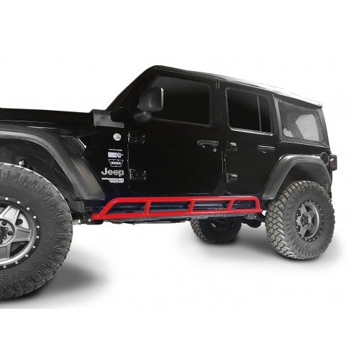 Fits Jeep Wrangler JLU, 2018 to Present, 4 Door Rock Slider Kit. Powder Coated Red Baron, Made in the USA